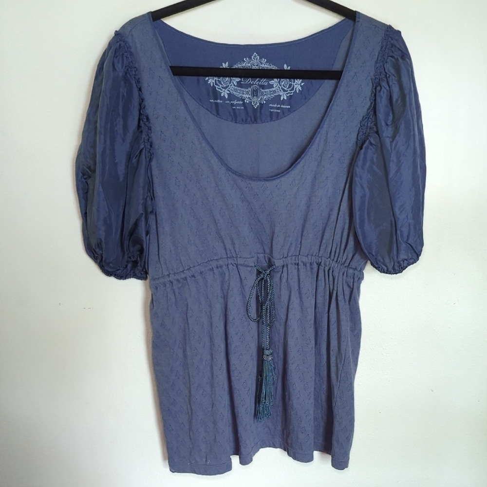 Deletta Anthropologie Blue Belt Waist Balloon Sleeve Tunic Top Women's Size L